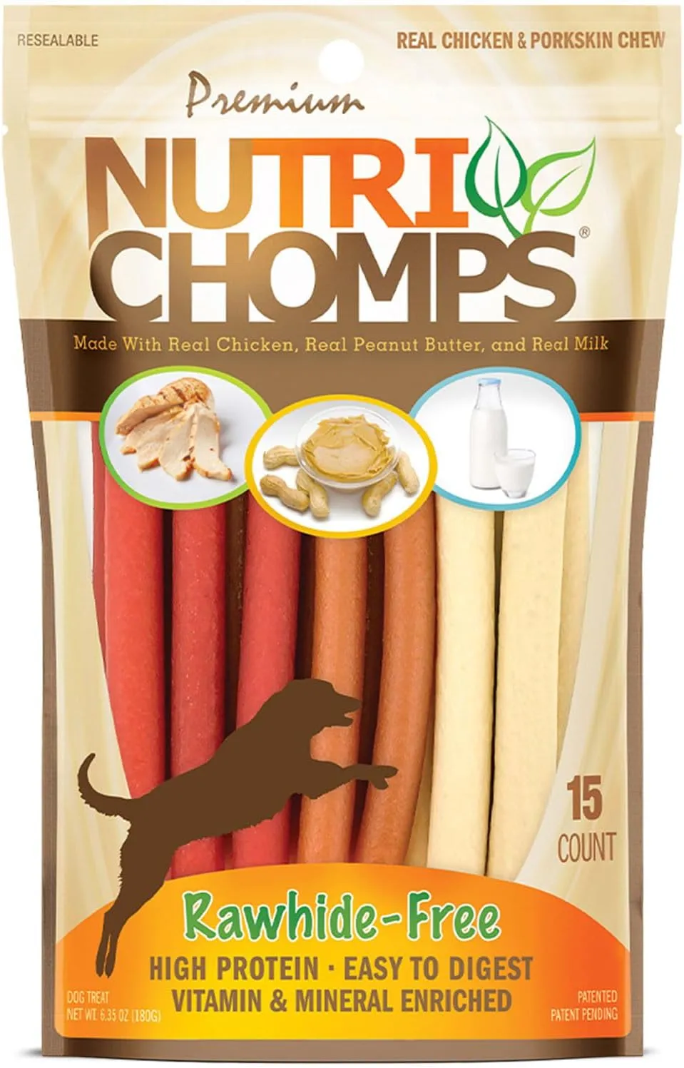 Nutri Chomps Dog Chews, 5-inch Twists, Easy to Digest, Rawhide-Free Dog Treats, 15 Count, Real Chicken, Peanut Butter and Milk flavors