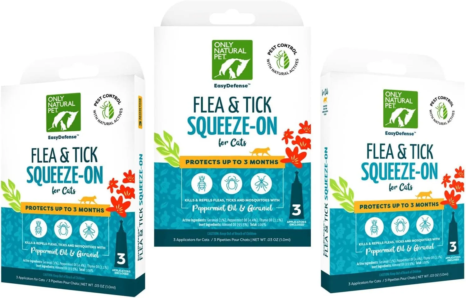 Only Natural Pet Flea and Tick Prevention for Cats - EasyDefense Flea Remedy - Natural Flea Care Control Squeeze-On Drops - Three Months Supply (3-Pack)