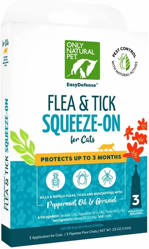 Only Natural Pet Flea and Tick Prevention for Cats - EasyDefense Flea Remedy - Natural Flea Care Control Squeeze-On Drops - Three Months Supply (3-Pack)