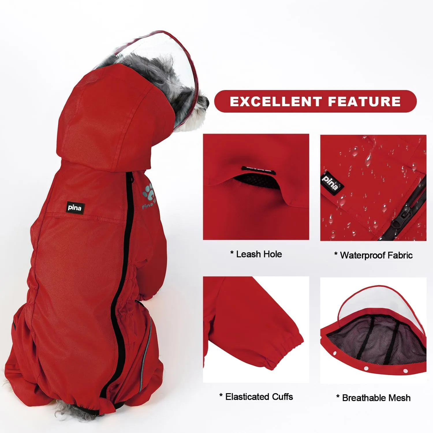 PINA Dog Raincoat, Waterproof Dog Rain Jacket with Hood, Lightweight Dog Rain Coat with Leash Hole, Dog Poncho with Reflective Strap and Pocket for Wet Weather, Full Wrap Design for Full Protection