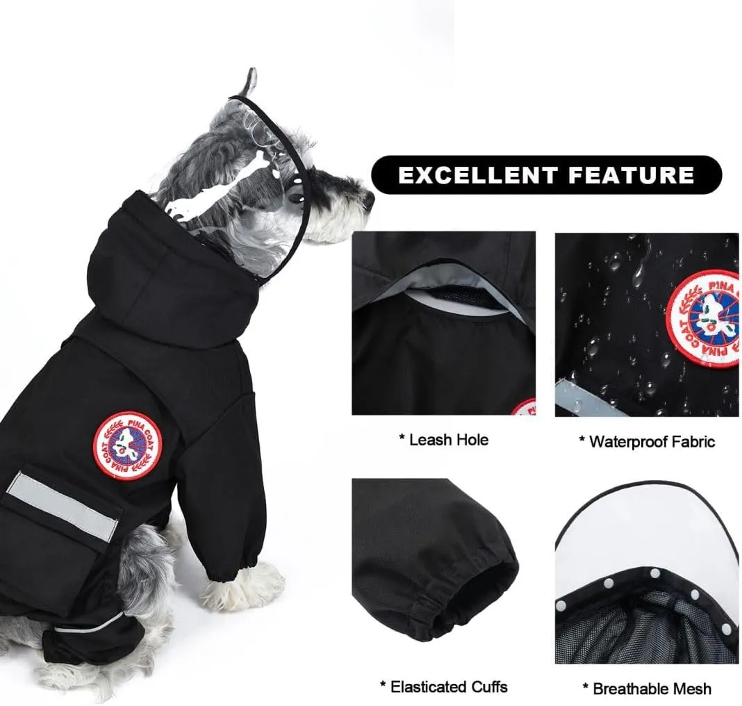 PINA Waterproof Dog Rain Jacket - Lightweight Jacket with Hood, Leash Hole & Reflective Strap - Full Wrap Design for Wet Weather