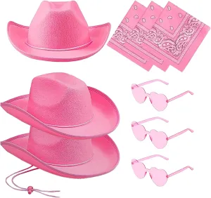 Pink Cowgirl Hat - 3 Set Cowboy Hat for Women, Cowgirl Hats for Cosplay Women's Party Dress Up, Adult Size