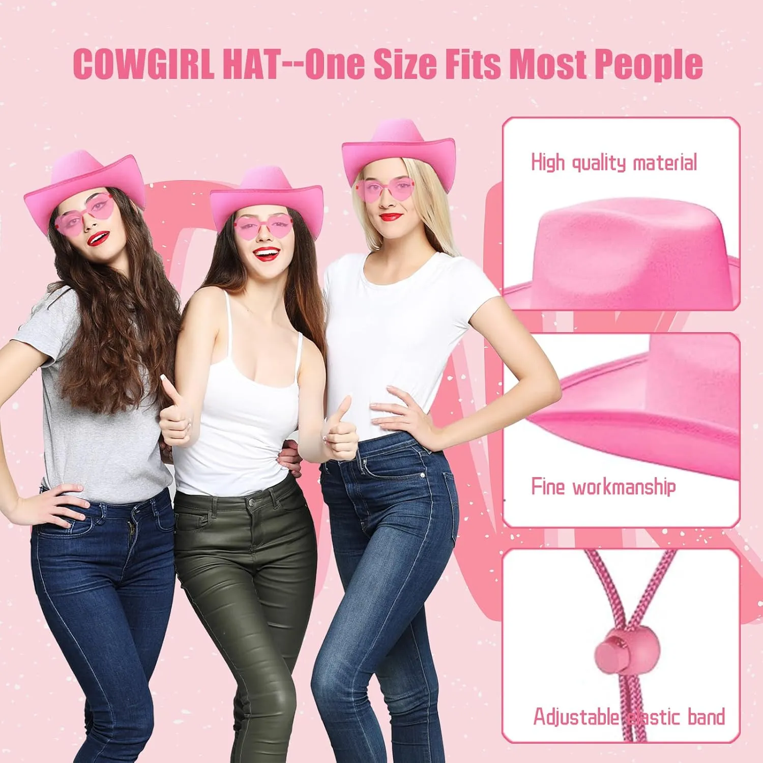 Pink Cowgirl Hat - 3 Set Cowboy Hat for Women, Cowgirl Hats for Cosplay Women's Party Dress Up, Adult Size