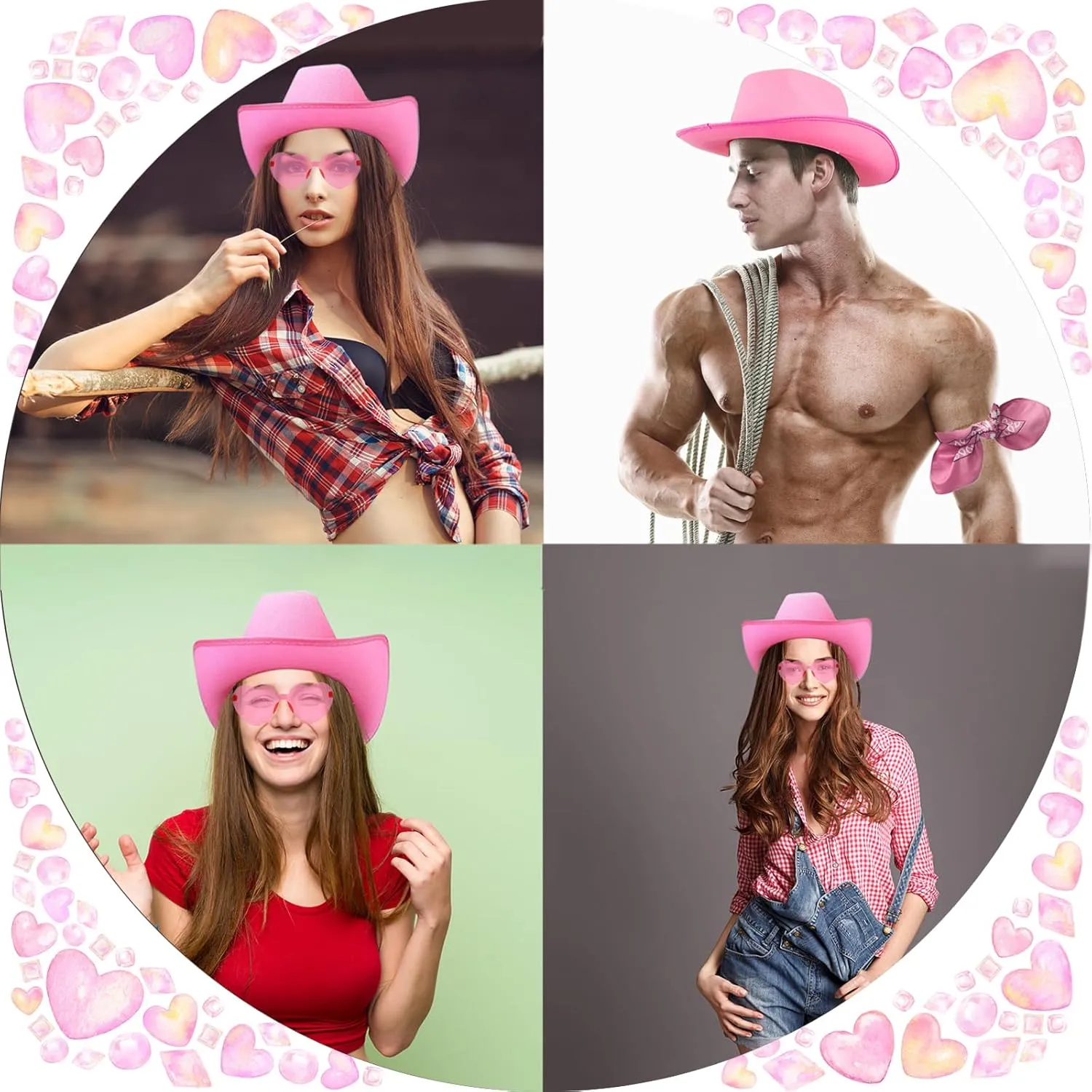 Pink Cowgirl Hat - 3 Set Cowboy Hat for Women, Cowgirl Hats for Cosplay Women's Party Dress Up, Adult Size