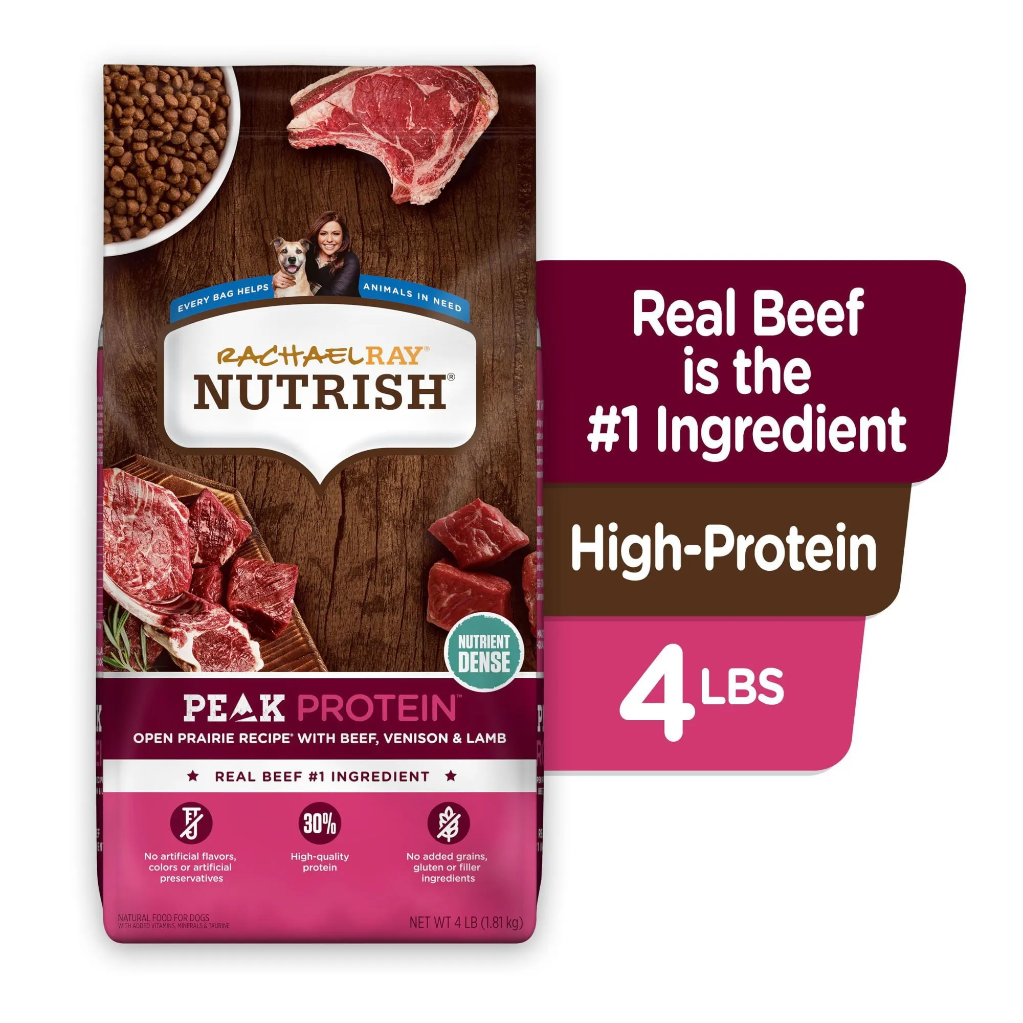 Rachael Ray Nutrish PEAK Protein Open Prairie Recipe With Beef, Venison & Lamb, Dry Dog Food, 4 lb. Bag