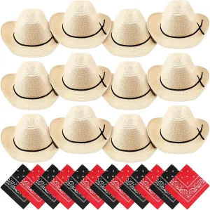 SATINIOR 12 Set Kid Straw Cowboy Hats with Bandanas Cowboy Costume Bandanas for Western Party Kid Costume