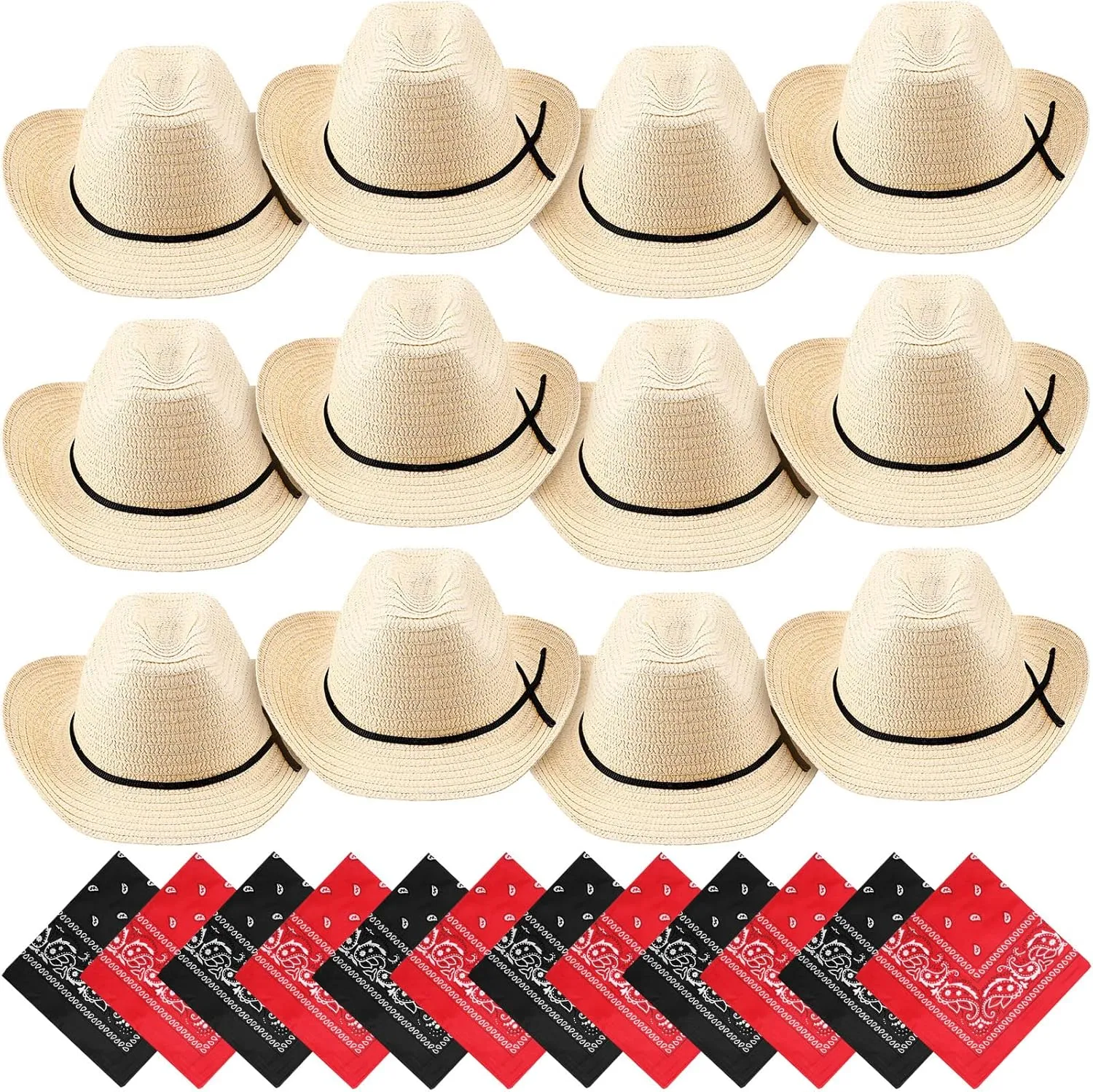 SATINIOR 12 Set Kid Straw Cowboy Hats with Bandanas Cowboy Costume Bandanas for Western Party Kid Costume