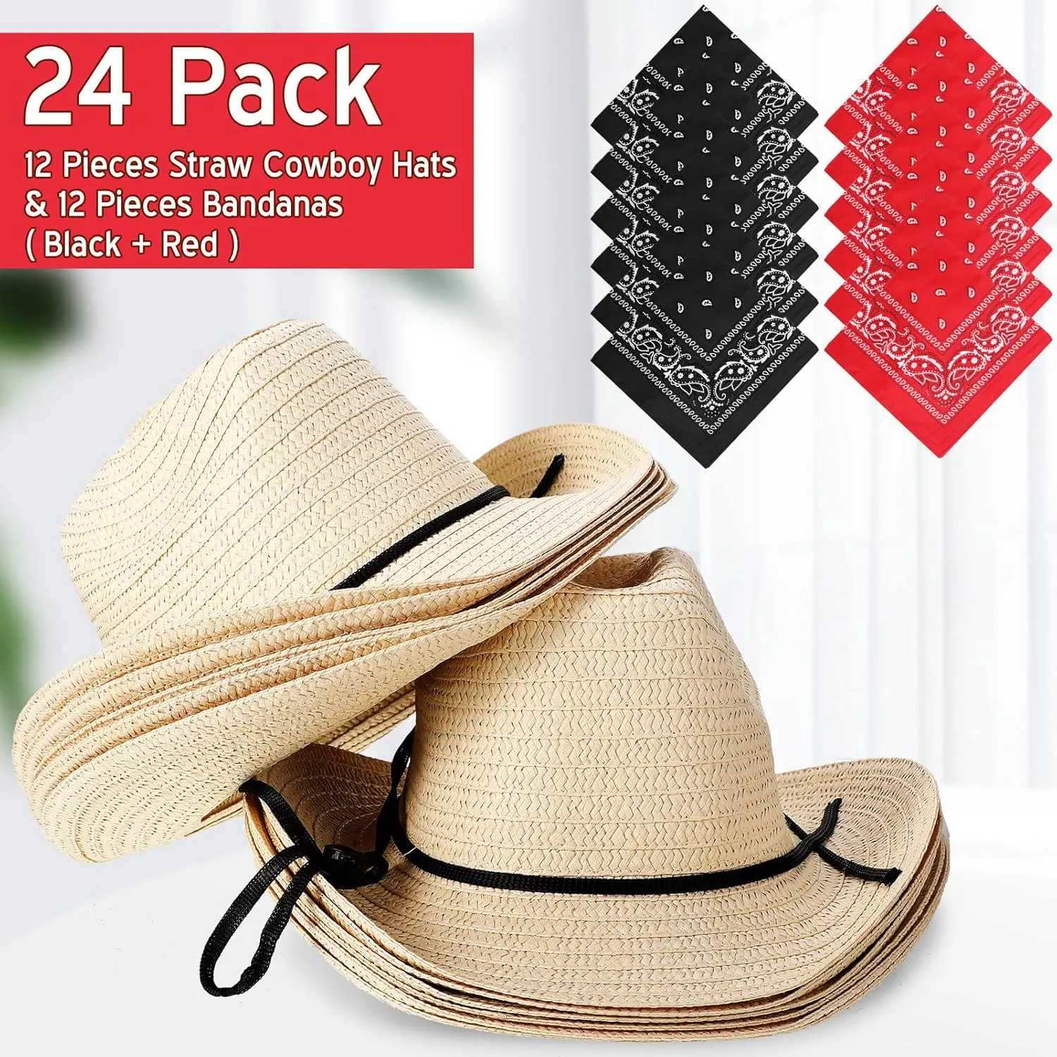SATINIOR 12 Set Kid Straw Cowboy Hats with Bandanas Cowboy Costume Bandanas for Western Party Kid Costume