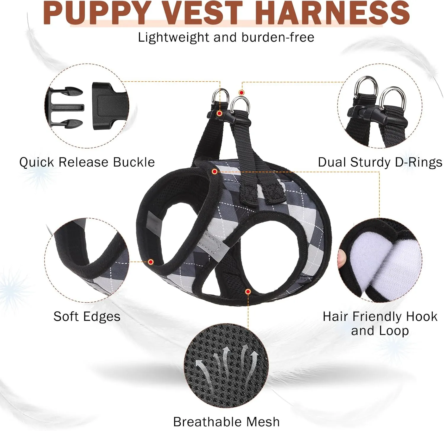 SCENEREAL Dog Harness Collar and Leash Set, Step-in No Pull Pet Vest Harnesses for Small Medium Dogs Puppy Cats, Soft Mesh No-Chock Reflective Vest Harness for Outdoor Walking Running, Black Plaid S