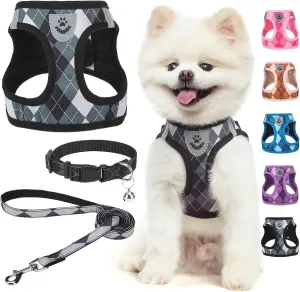 SCENEREAL Dog Harness Collar and Leash Set, Step-in No Pull Pet Vest Harnesses for Small Medium Dogs Puppy Cats, Soft Mesh No-Chock Reflective Vest Harness for Outdoor Walking Running, Black Plaid S