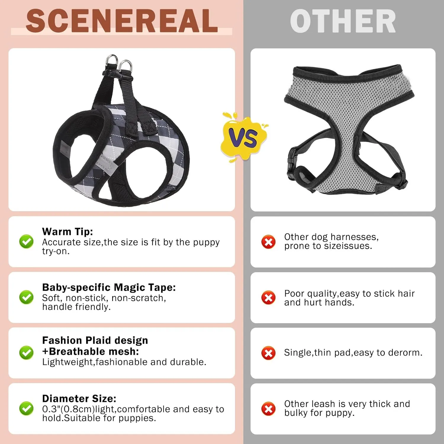 SCENEREAL Dog Harness Collar and Leash Set, Step-in No Pull Pet Vest Harnesses for Small Medium Dogs Puppy Cats, Soft Mesh No-Chock Reflective Vest Harness for Outdoor Walking Running, Black Plaid S