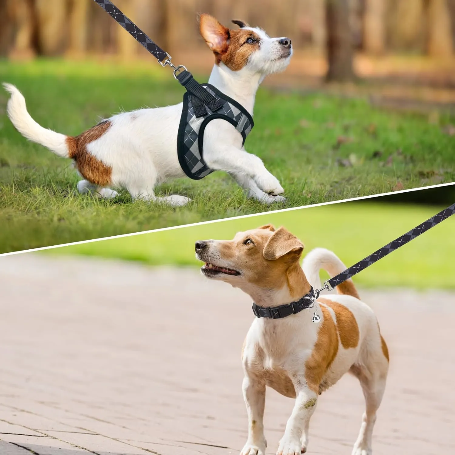 SCENEREAL Dog Harness Collar and Leash Set, Step-in No Pull Pet Vest Harnesses for Small Medium Dogs Puppy Cats, Soft Mesh No-Chock Reflective Vest Harness for Outdoor Walking Running, Black Plaid S