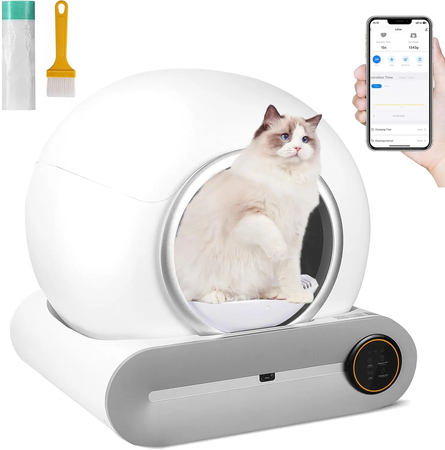 Self Cleaning Cat Litter Box, Automatic Cat Litter Box Self Cleaning with Air Duct/Garbage Bags/Brush, 68L 9L Large for Multiple Cats, 2.4G WiFi Support, APP Control (White)