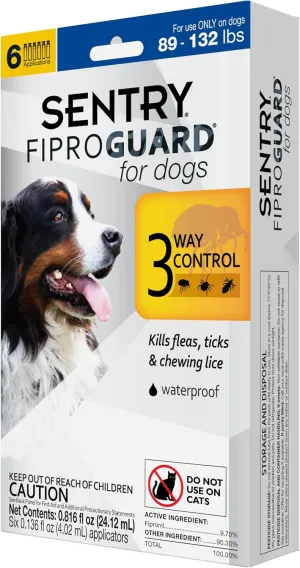 Sentry Fiproguard for Dogs, Flea and Tick Prevention for Dogs (89-132 Pounds), Includes 6 Month Supply of Topical Flea Treatments