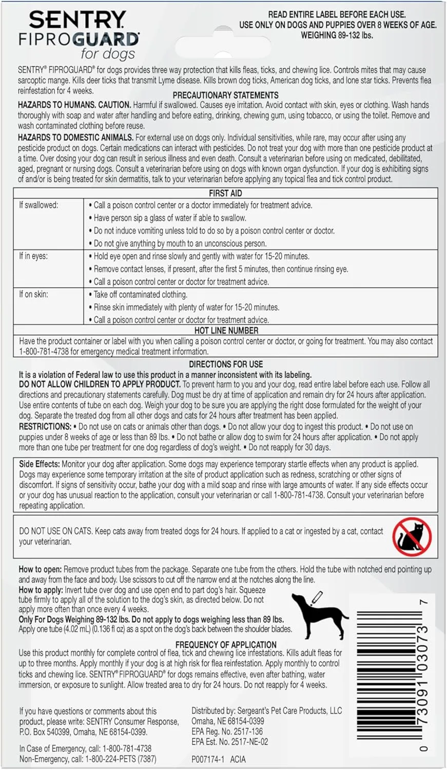 Sentry Fiproguard for Dogs, Flea and Tick Prevention for Dogs (89-132 Pounds), Includes 6 Month Supply of Topical Flea Treatments