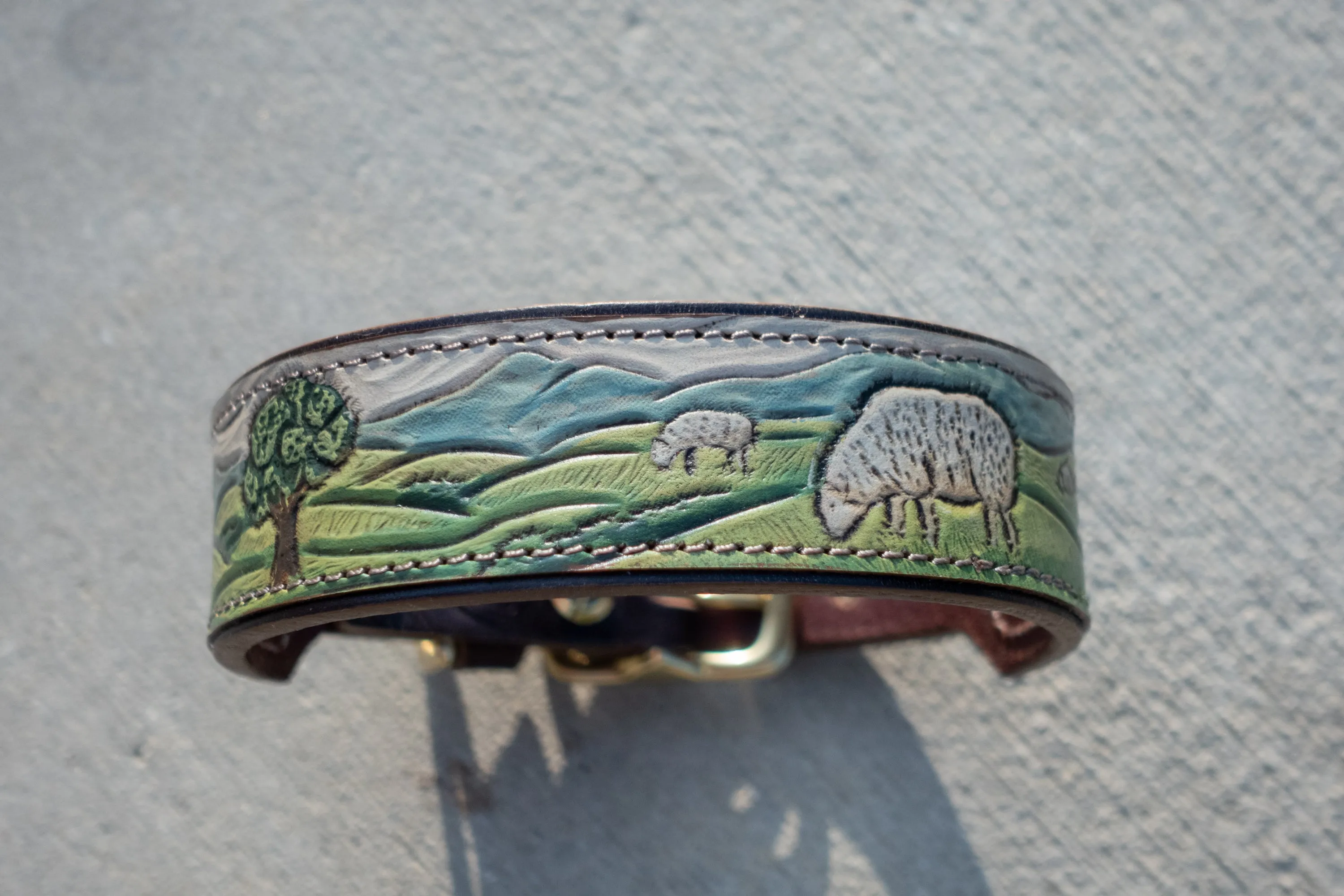 Shepherd's Meadow -  Custom tooled leather dog collar with country / farm design.