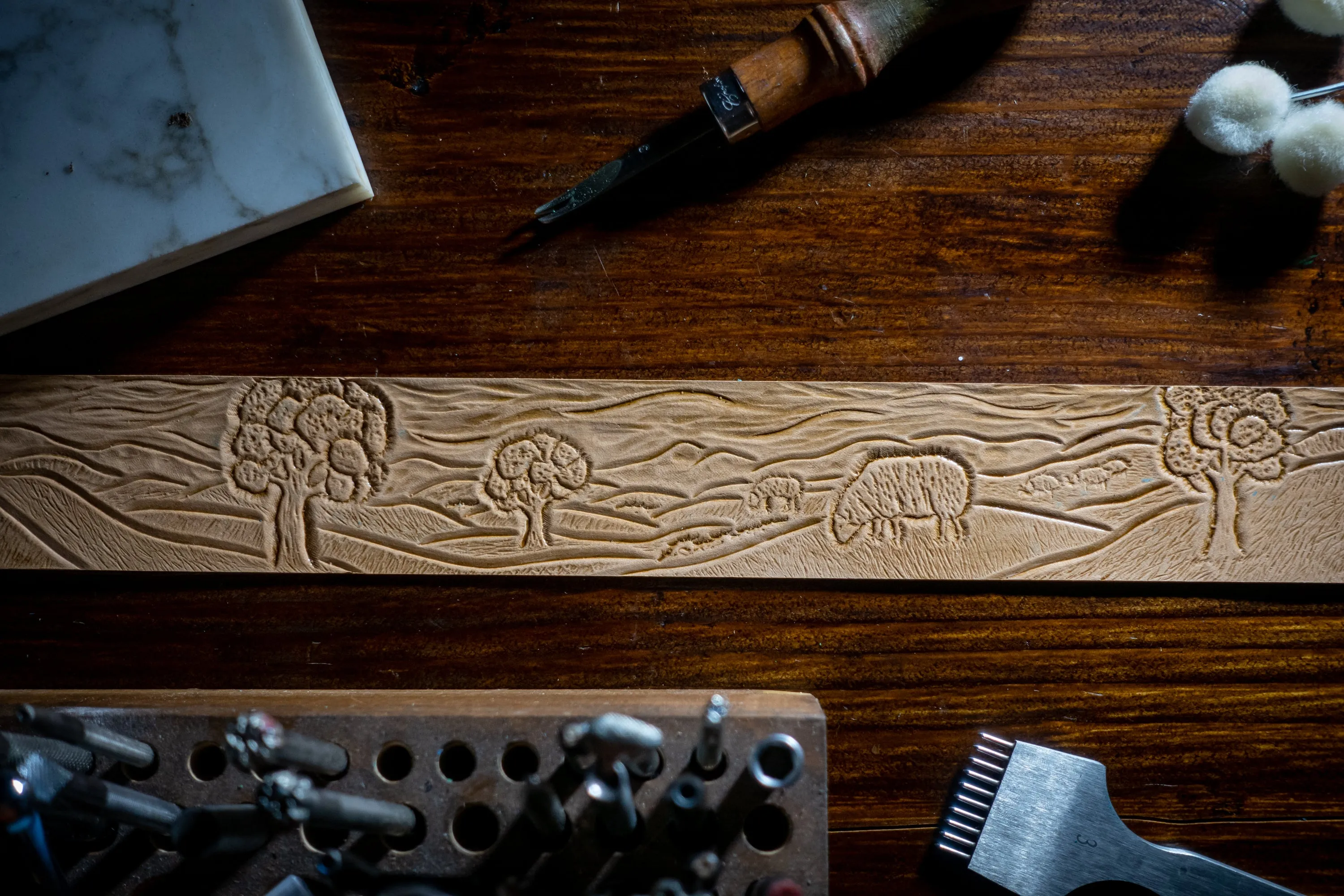 Shepherd's Meadow -  Custom tooled leather dog collar with country / farm design.