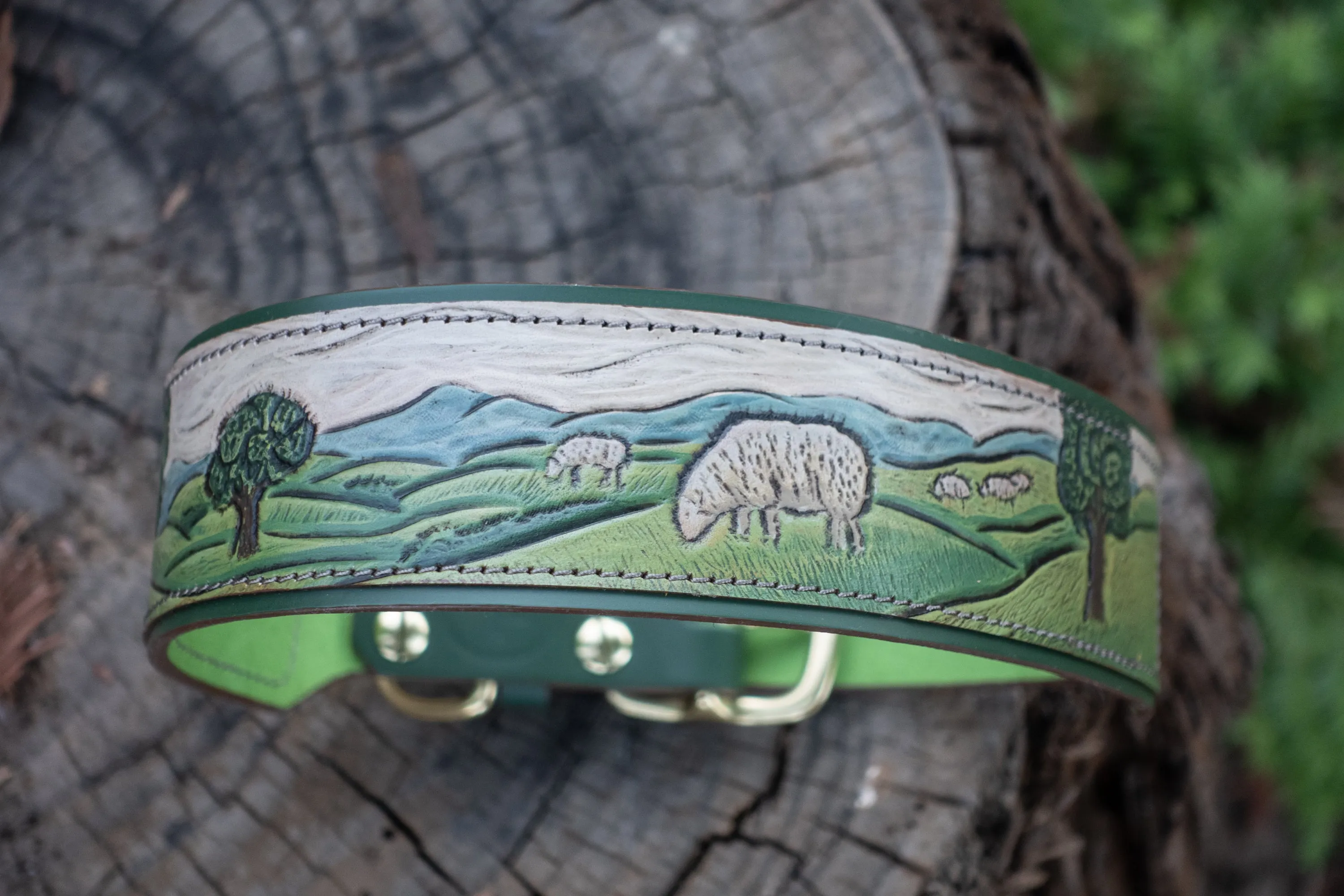 Shepherd's Meadow -  Custom tooled leather dog collar with country / farm design.