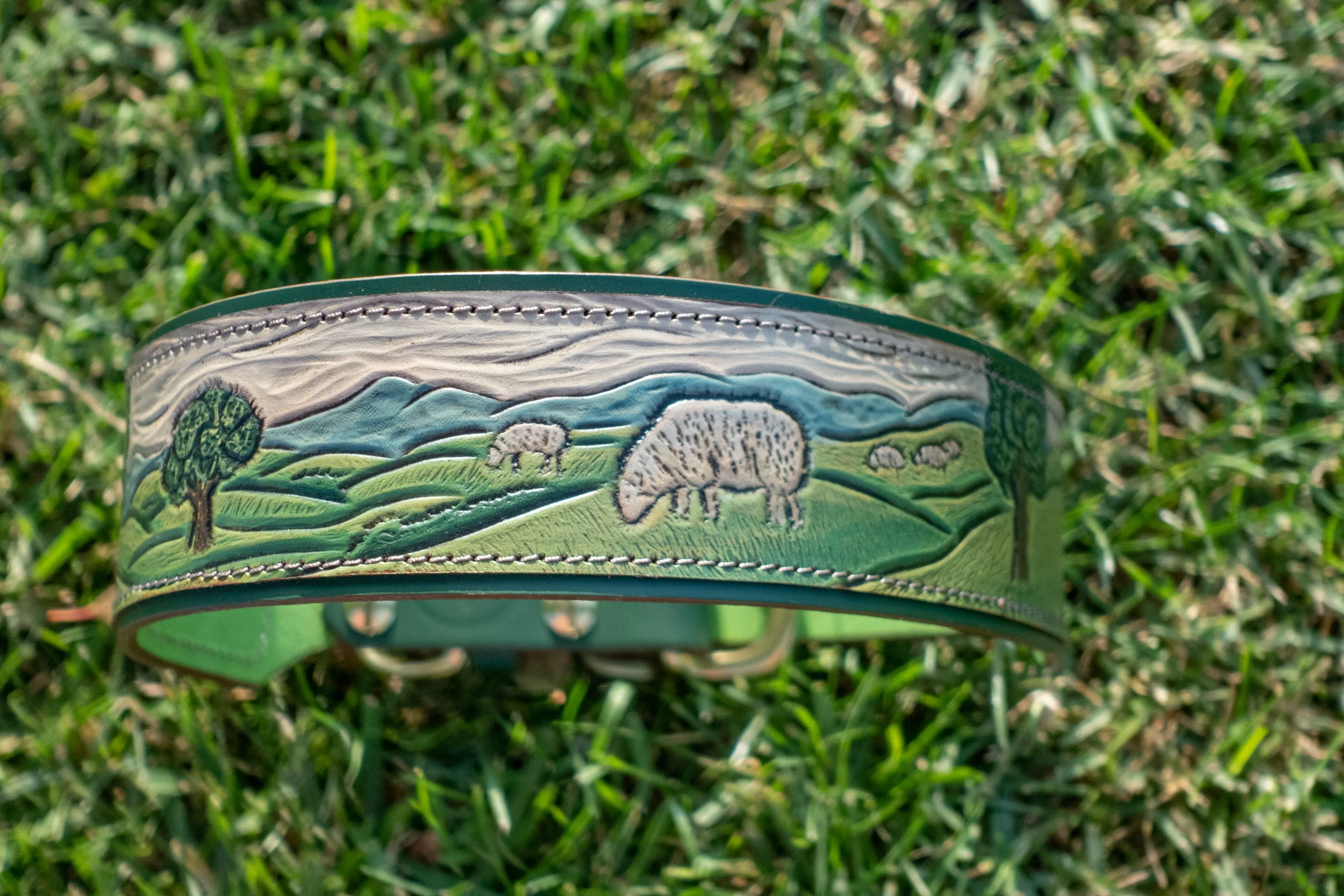 Shepherd's Meadow -  Custom tooled leather dog collar with country / farm design.
