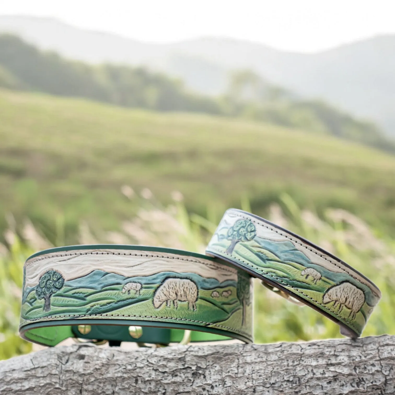 Shepherd's Meadow -  Custom tooled leather dog collar with country / farm design.