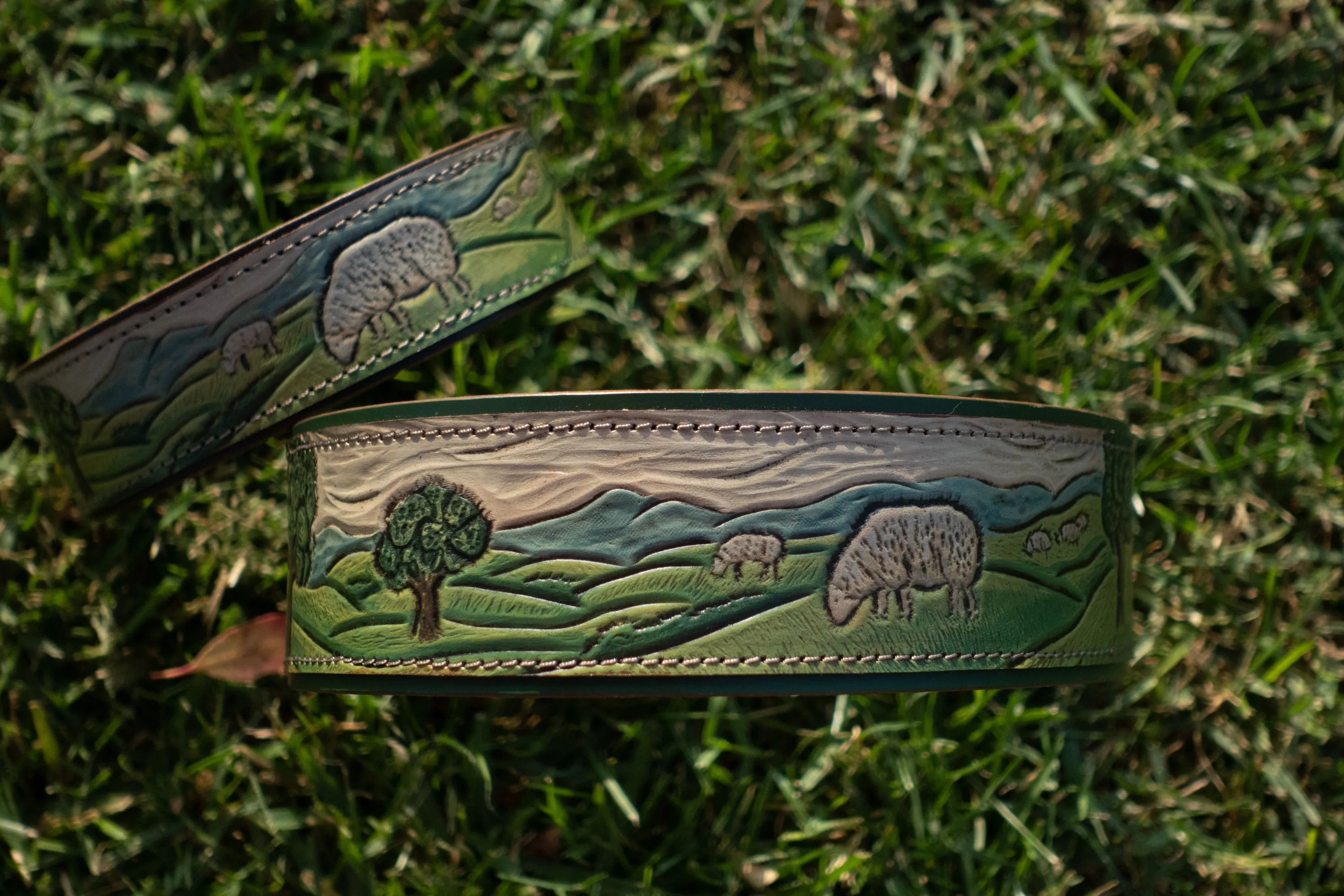 Shepherd's Meadow -  Custom tooled leather dog collar with country / farm design.
