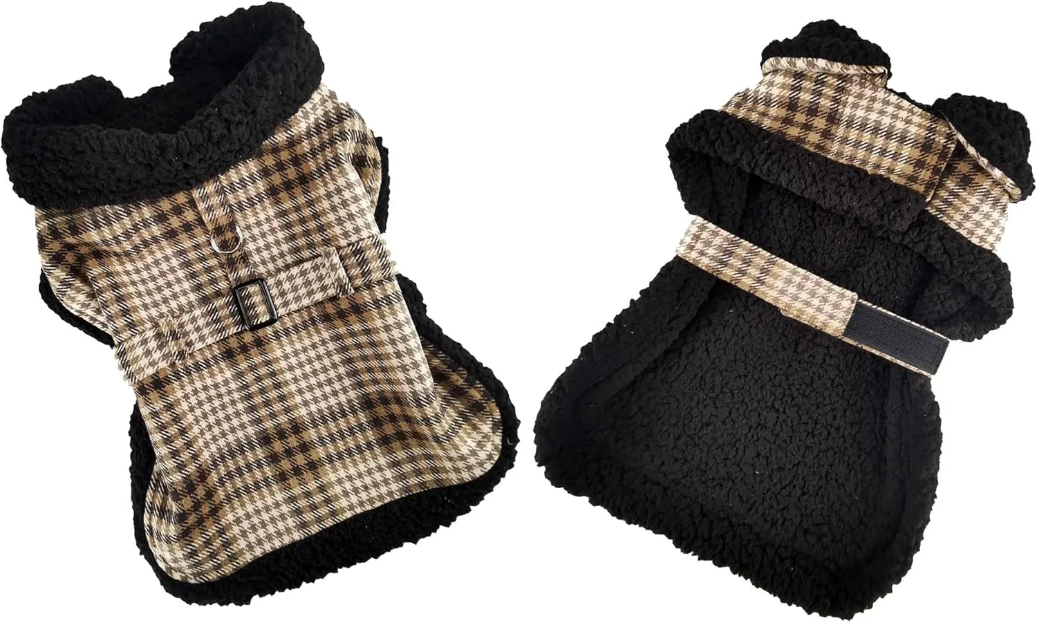 Sherpa-Lined Dog Harness Coat (Medium, Brown & White Plaid)
