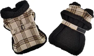 Sherpa-Lined Dog Harness Coat (Medium, Brown & White Plaid)