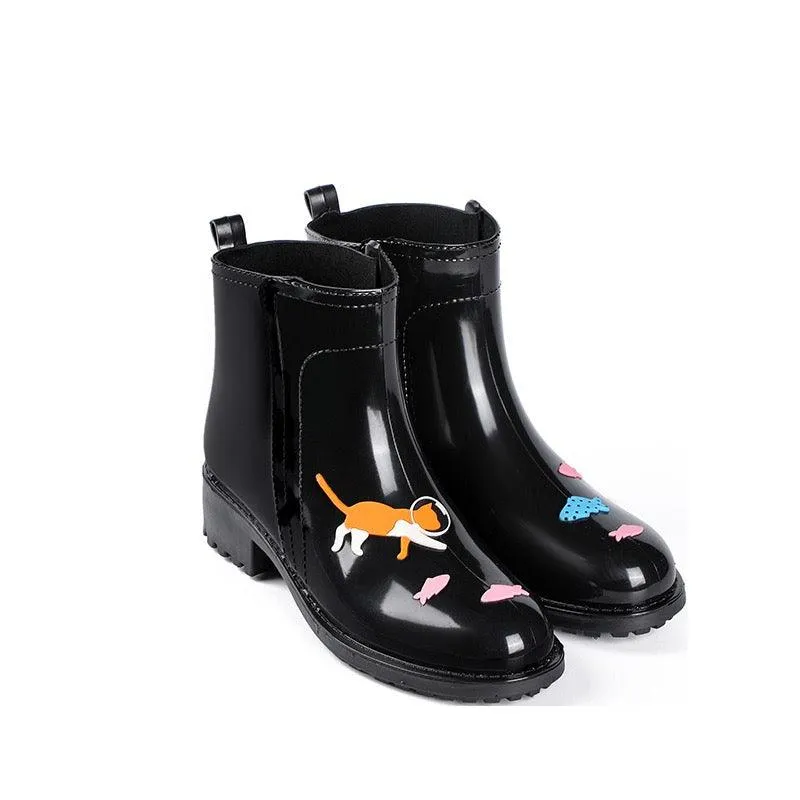 Slip On Waterproof Women Gumboots Rain-boots - Cats & Fishes