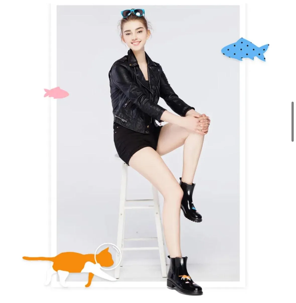 Slip On Waterproof Women Gumboots Rain-boots - Cats & Fishes