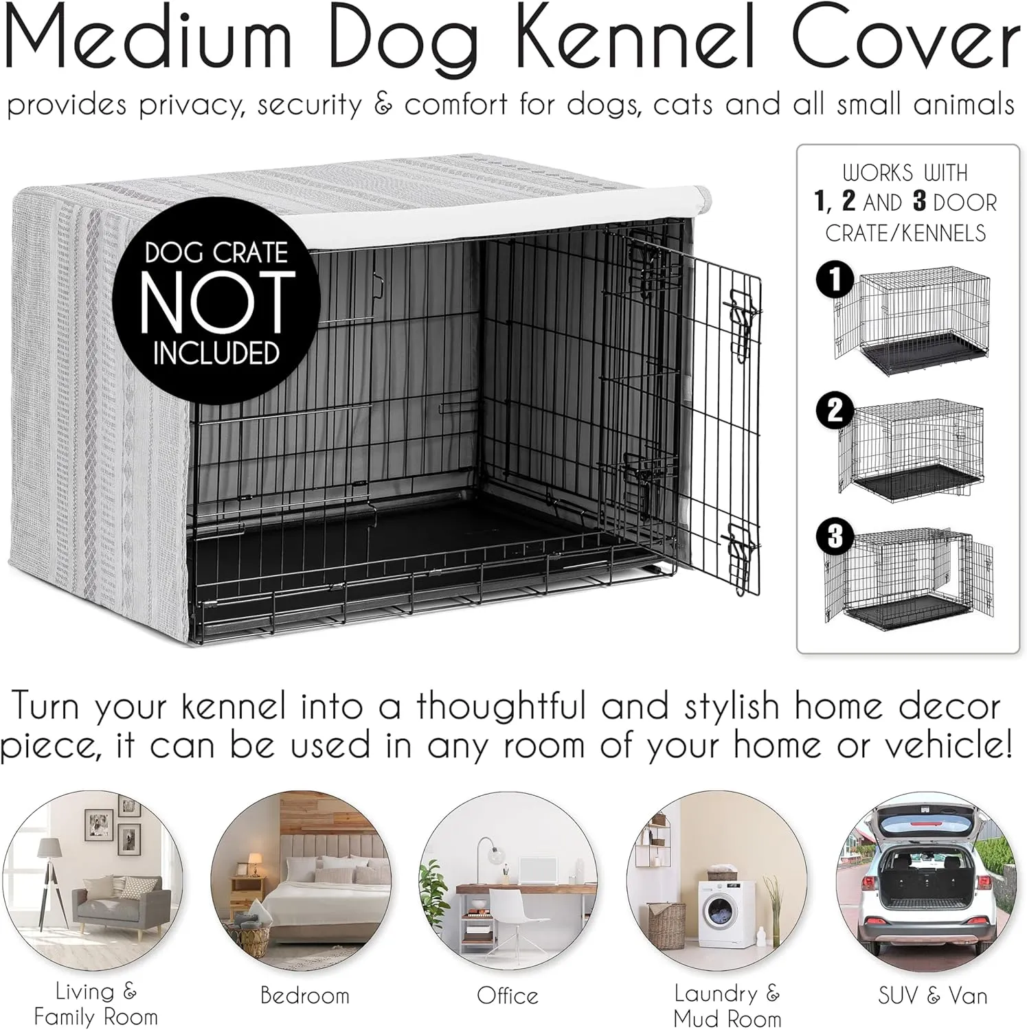 Sweet Jojo Designs 36in. Medium Dog Crate Cover (Grey Boho Tribal) Pet Cage, Kennel Covers (Bohemian, Jacquard, Aztec, Modern, Geometric, Stripes, Textured, Striped, Off White, Gray and Ivory)