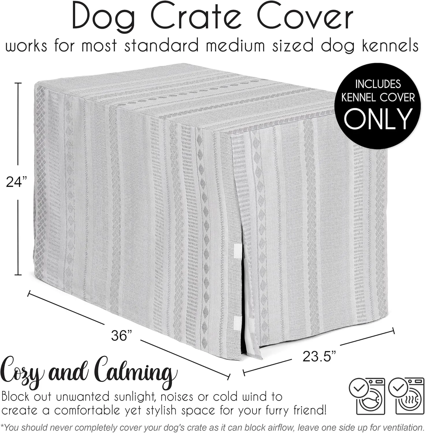 Sweet Jojo Designs 36in. Medium Dog Crate Cover (Grey Boho Tribal) Pet Cage, Kennel Covers (Bohemian, Jacquard, Aztec, Modern, Geometric, Stripes, Textured, Striped, Off White, Gray and Ivory)