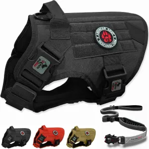 Tactical Dog Harness with Tactical Dog Leash as 1 Set for Extra Large Dogs; Military Style Tactical Dog Vest and Bungee Dog Leash with Car Seat Buckle; No-Pull Dog Vest and Leash Black XL