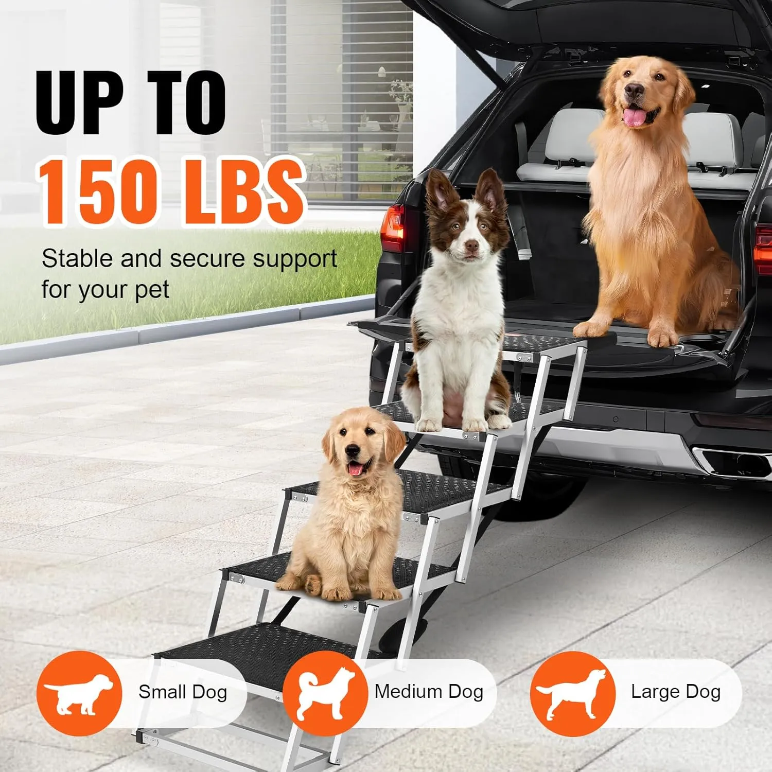 VEVOR Dog Stairs for Car, Wide 5-Step Dog Car Steps, Folding Dog Car Ramp with Nonslip Surface, Portable Pet Steps Lightweight Aluminum for Car, SUV and Truck, Supports up to 150 lbs