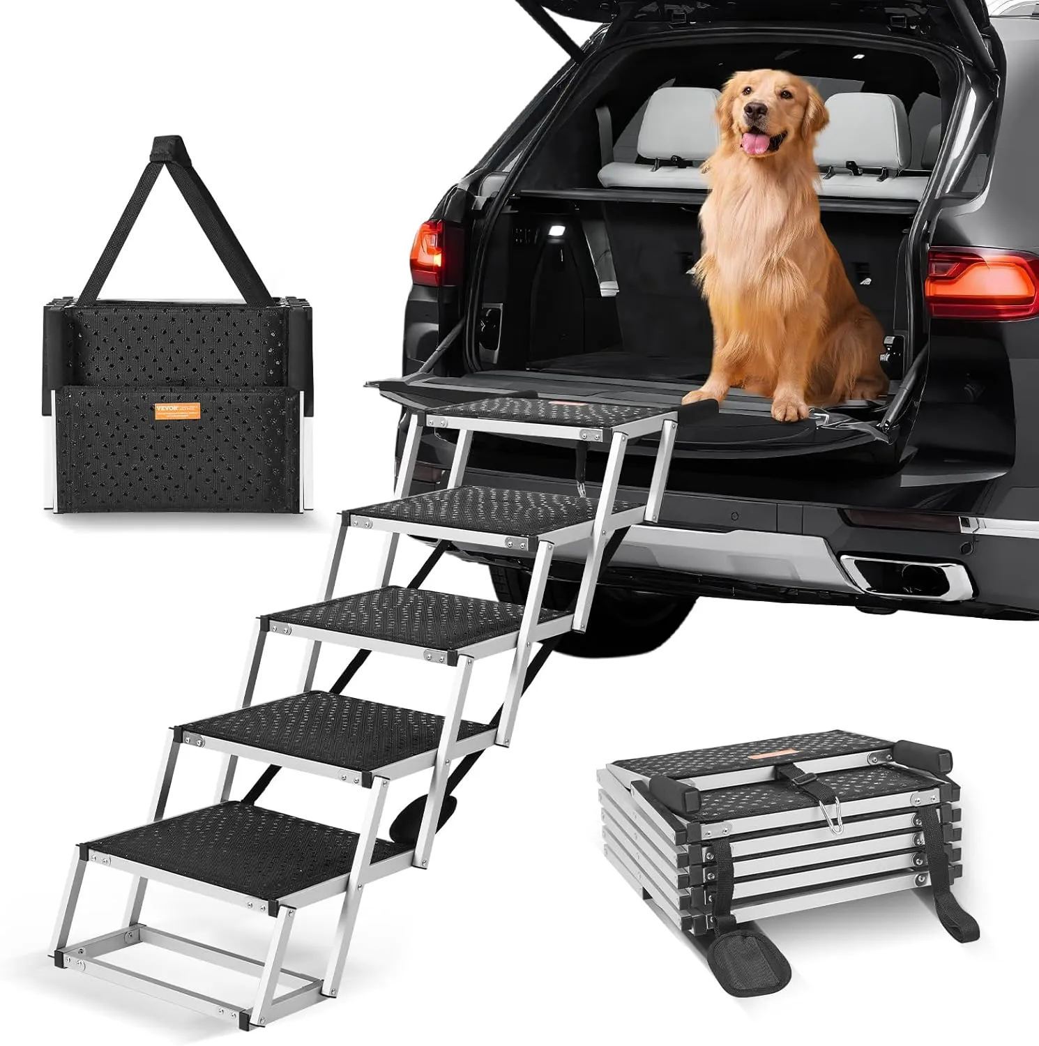 VEVOR Dog Stairs for Car, Wide 5-Step Dog Car Steps, Folding Dog Car Ramp with Nonslip Surface, Portable Pet Steps Lightweight Aluminum for Car, SUV and Truck, Supports up to 150 lbs