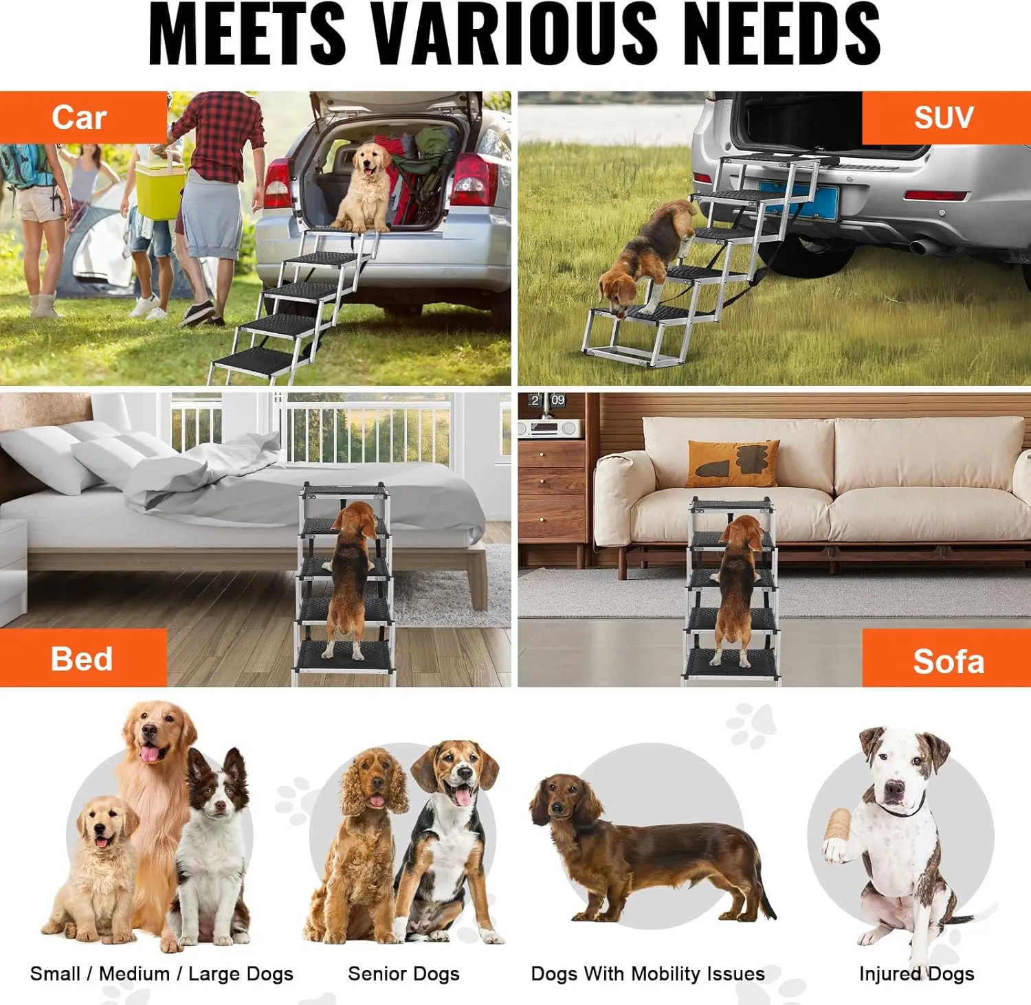 VEVOR Dog Stairs for Car, Wide 5-Step Dog Car Steps, Folding Dog Car Ramp with Nonslip Surface, Portable Pet Steps Lightweight Aluminum for Car, SUV and Truck, Supports up to 150 lbs