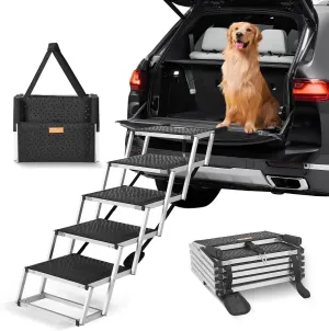 VEVOR Dog Stairs for Car, Wide 5-Step Dog Car Steps, Folding Dog Car Ramp with Nonslip Surface, Portable Pet Steps Lightweight Aluminum for Car, SUV and Truck, Supports up to 150 lbs