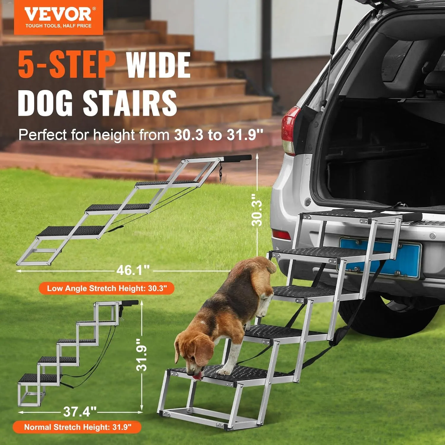 VEVOR Dog Stairs for Car, Wide 5-Step Dog Car Steps, Folding Dog Car Ramp with Nonslip Surface, Portable Pet Steps Lightweight Aluminum for Car, SUV and Truck, Supports up to 150 lbs