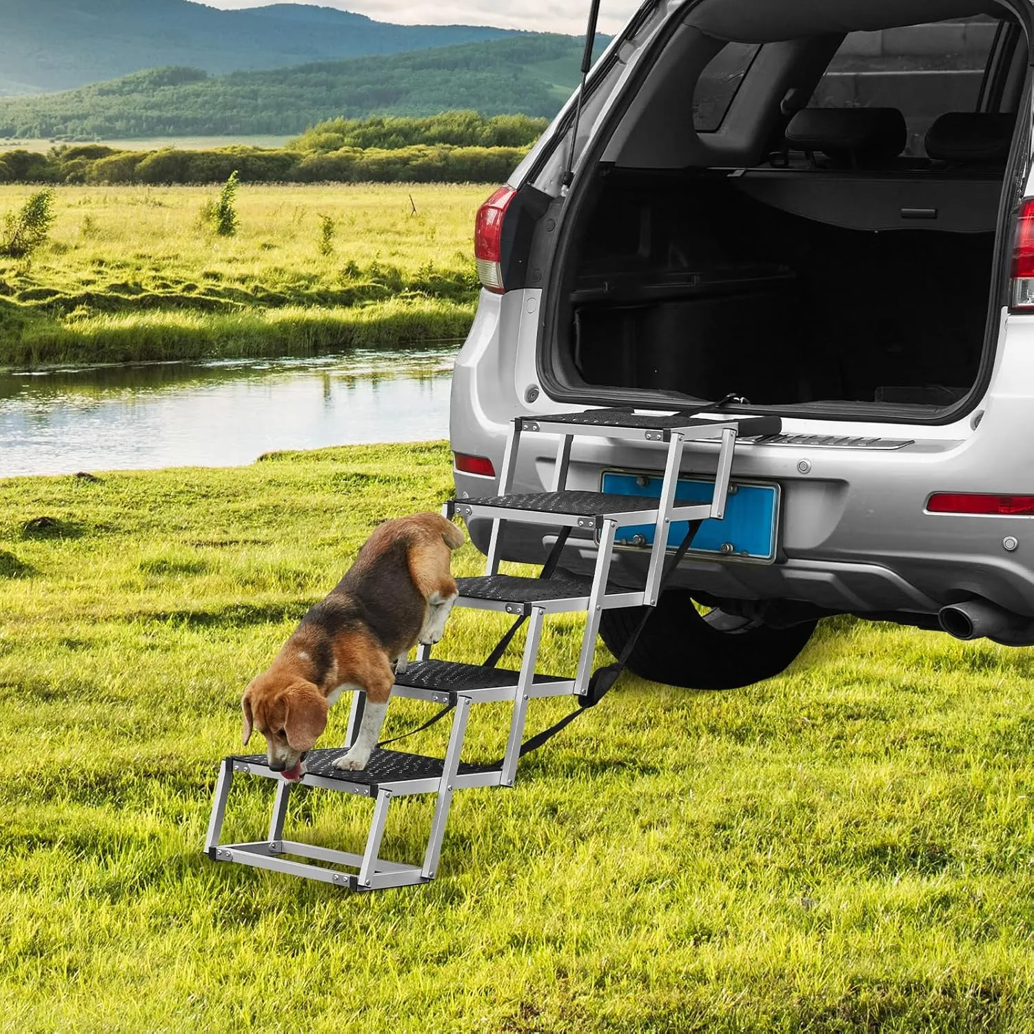 VEVOR Dog Stairs for Car, Wide 5-Step Dog Car Steps, Folding Dog Car Ramp with Nonslip Surface, Portable Pet Steps Lightweight Aluminum for Car, SUV and Truck, Supports up to 150 lbs