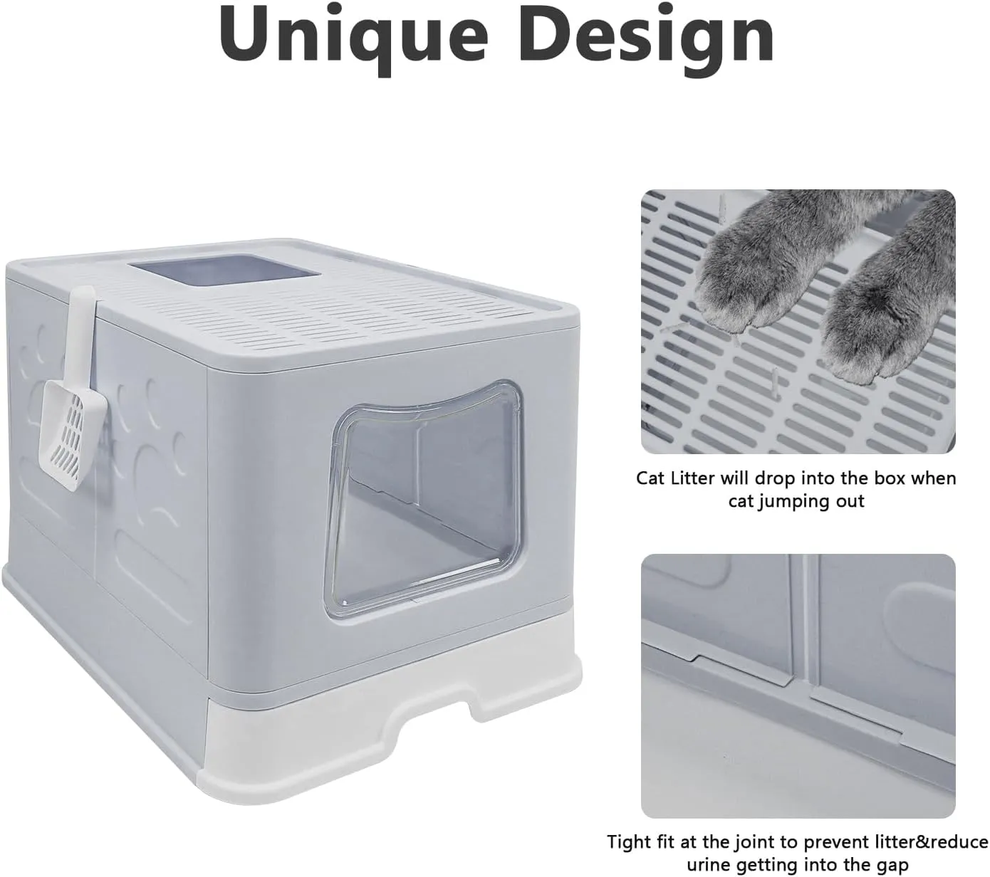 XL Foldable Cat Litter Box with Lid - Jumbo Enclosed Potty - Top Entry Anti-Splashing Toilet - Includes Scoop & 2-in-1 Cleaning Brush (Grey)