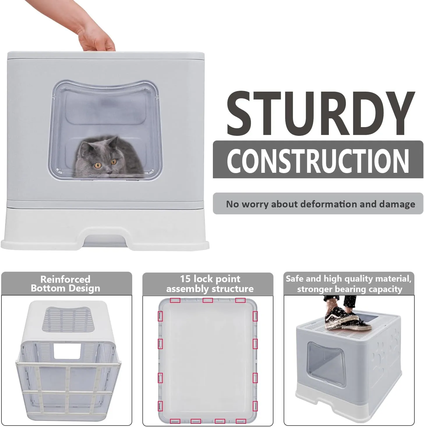 XL Foldable Cat Litter Box with Lid - Jumbo Enclosed Potty - Top Entry Anti-Splashing Toilet - Includes Scoop & 2-in-1 Cleaning Brush (Grey)
