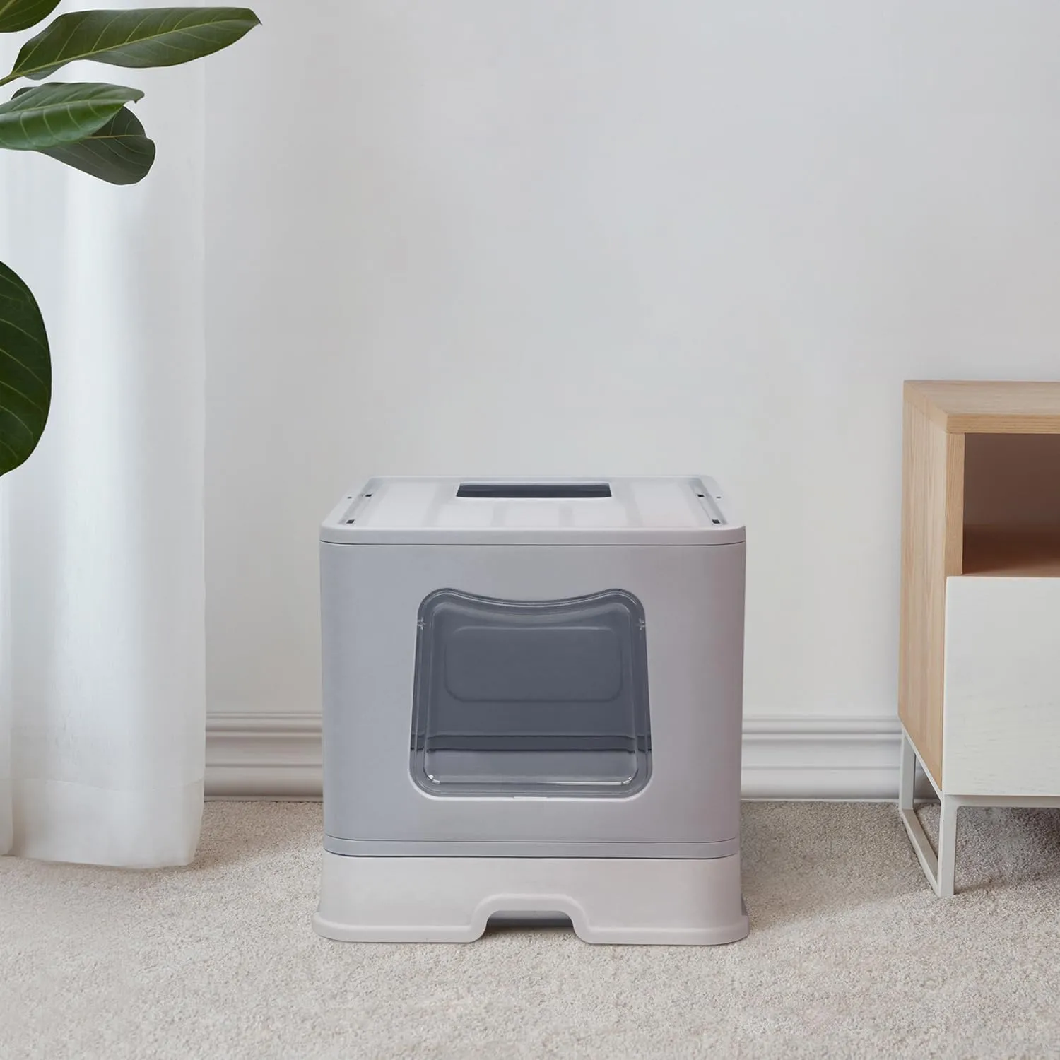 XL Foldable Cat Litter Box with Lid - Jumbo Enclosed Potty - Top Entry Anti-Splashing Toilet - Includes Scoop & 2-in-1 Cleaning Brush (Grey)