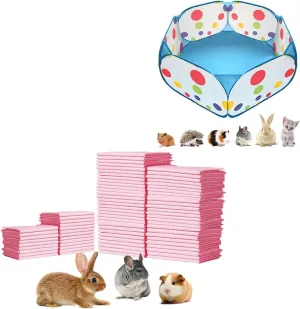 xs Portable Small Animals Playpen, Outdoor/Indoor Pop Open Pet Exercise Fence & 100pcs Rabbit Pee Pads, Pet Toilet/Potty Training Pads, Super Absorbent Guinea Pig Disposable Diaper