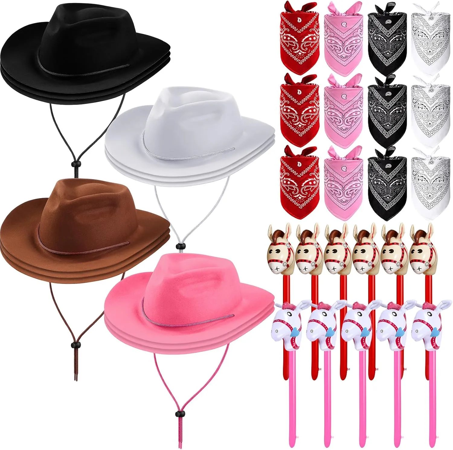 Xtinmee 36 Pcs Cowboy Party Costume Set, Farm Cowboy Hats Paisley Bandanas Inflatable Stick Horses Kids Party Supplies