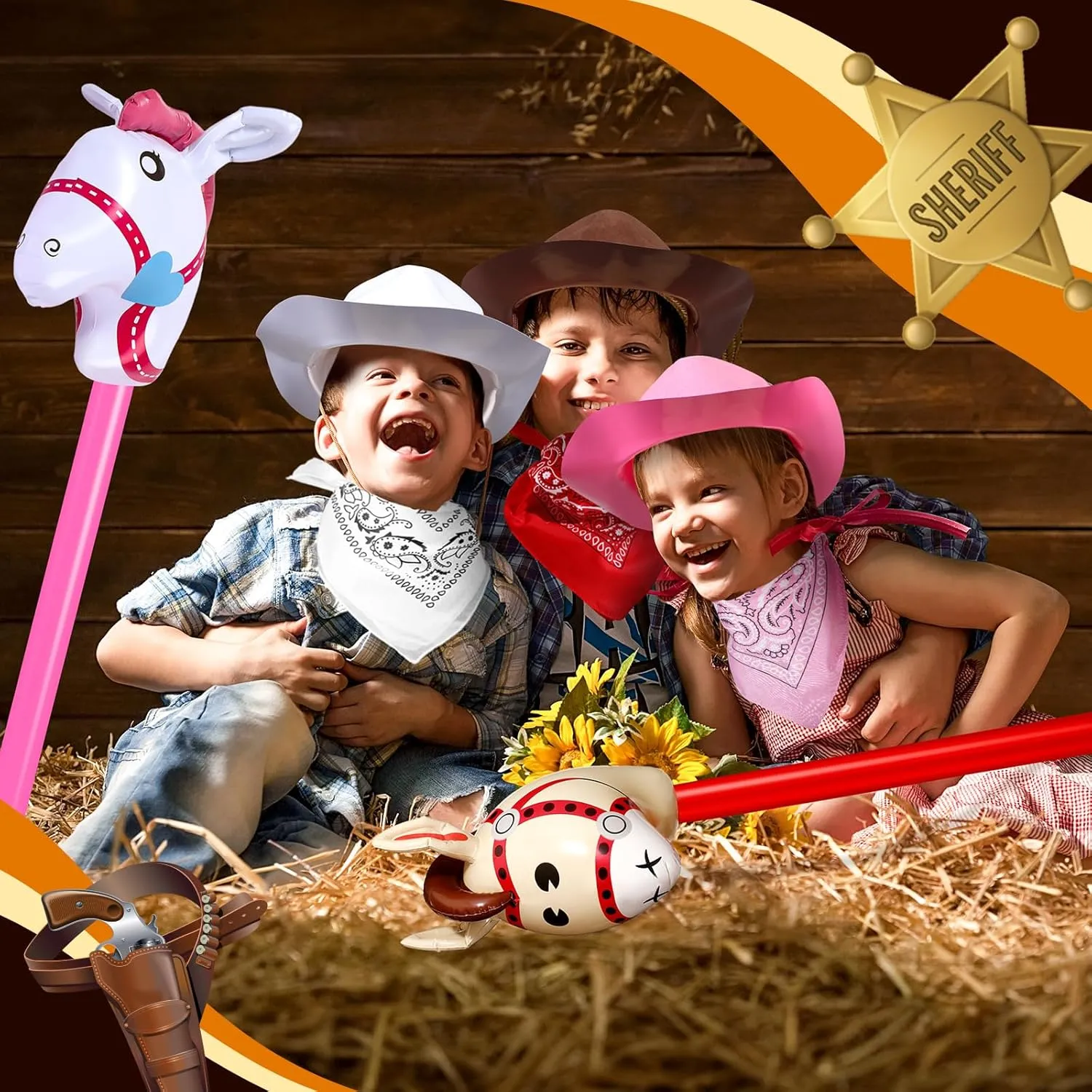 Xtinmee 36 Pcs Cowboy Party Costume Set, Farm Cowboy Hats Paisley Bandanas Inflatable Stick Horses Kids Party Supplies
