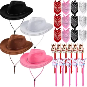 Xtinmee 36 Pcs Cowboy Party Costume Set, Farm Cowboy Hats Paisley Bandanas Inflatable Stick Horses Kids Party Supplies