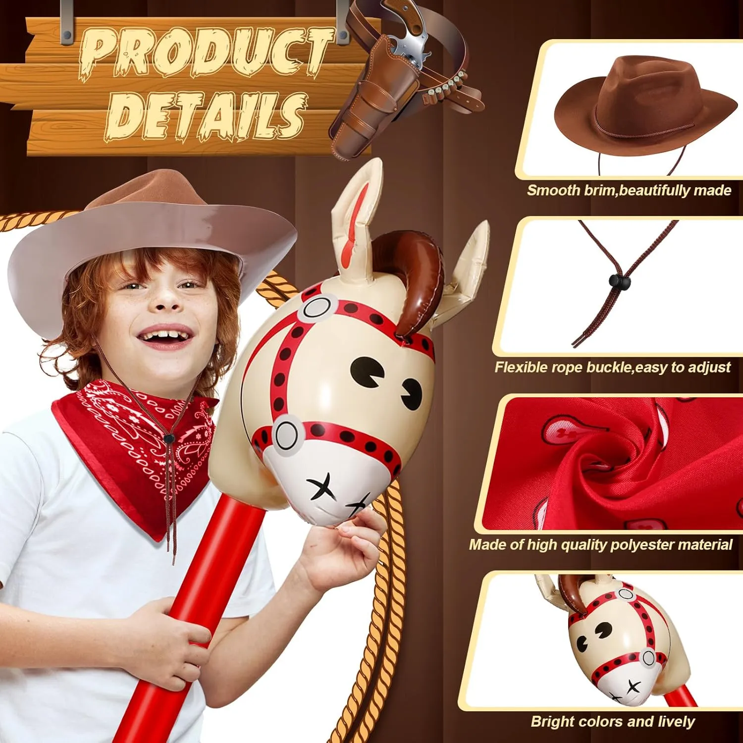 Xtinmee 36 Pcs Cowboy Party Costume Set, Farm Cowboy Hats Paisley Bandanas Inflatable Stick Horses Kids Party Supplies
