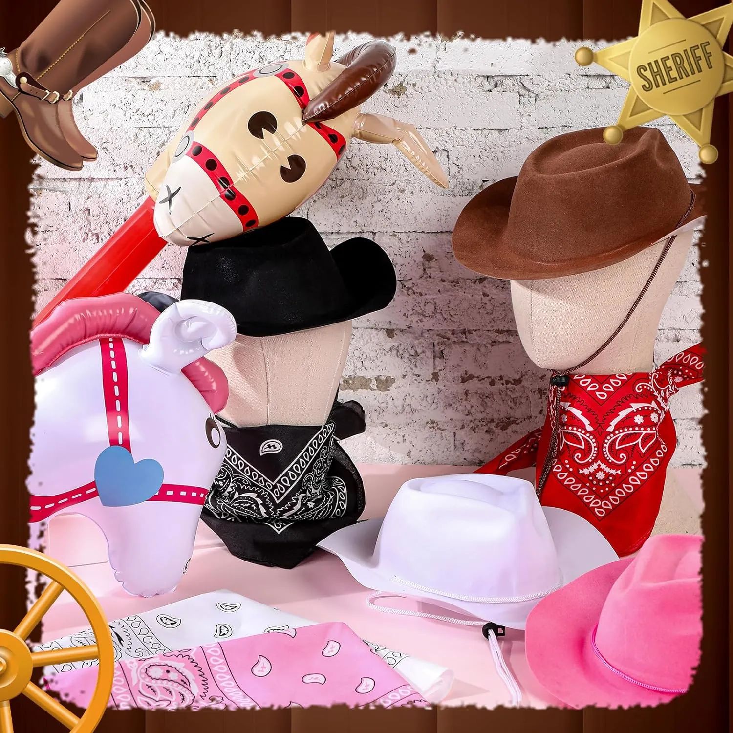Xtinmee 36 Pcs Cowboy Party Costume Set, Farm Cowboy Hats Paisley Bandanas Inflatable Stick Horses Kids Party Supplies