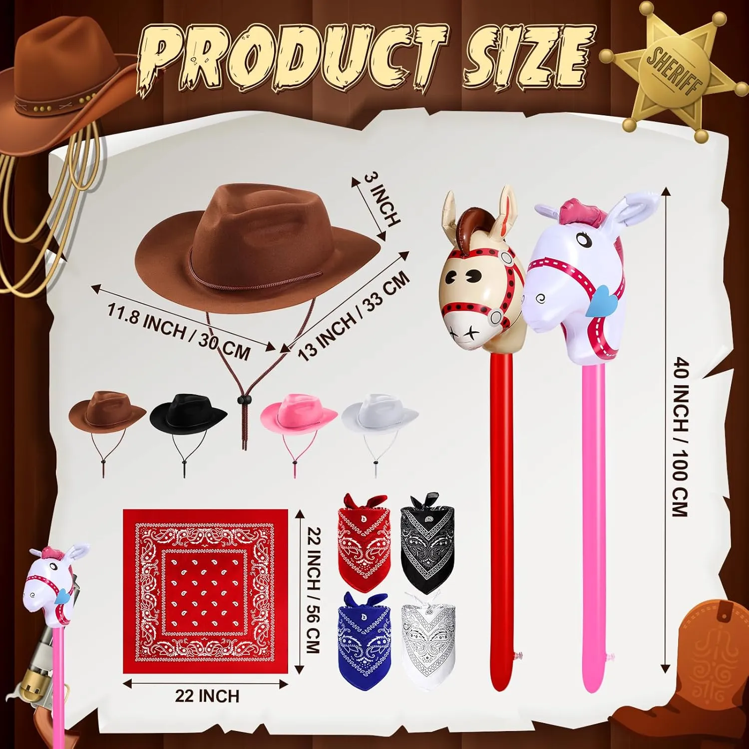 Xtinmee 36 Pcs Cowboy Party Costume Set, Farm Cowboy Hats Paisley Bandanas Inflatable Stick Horses Kids Party Supplies